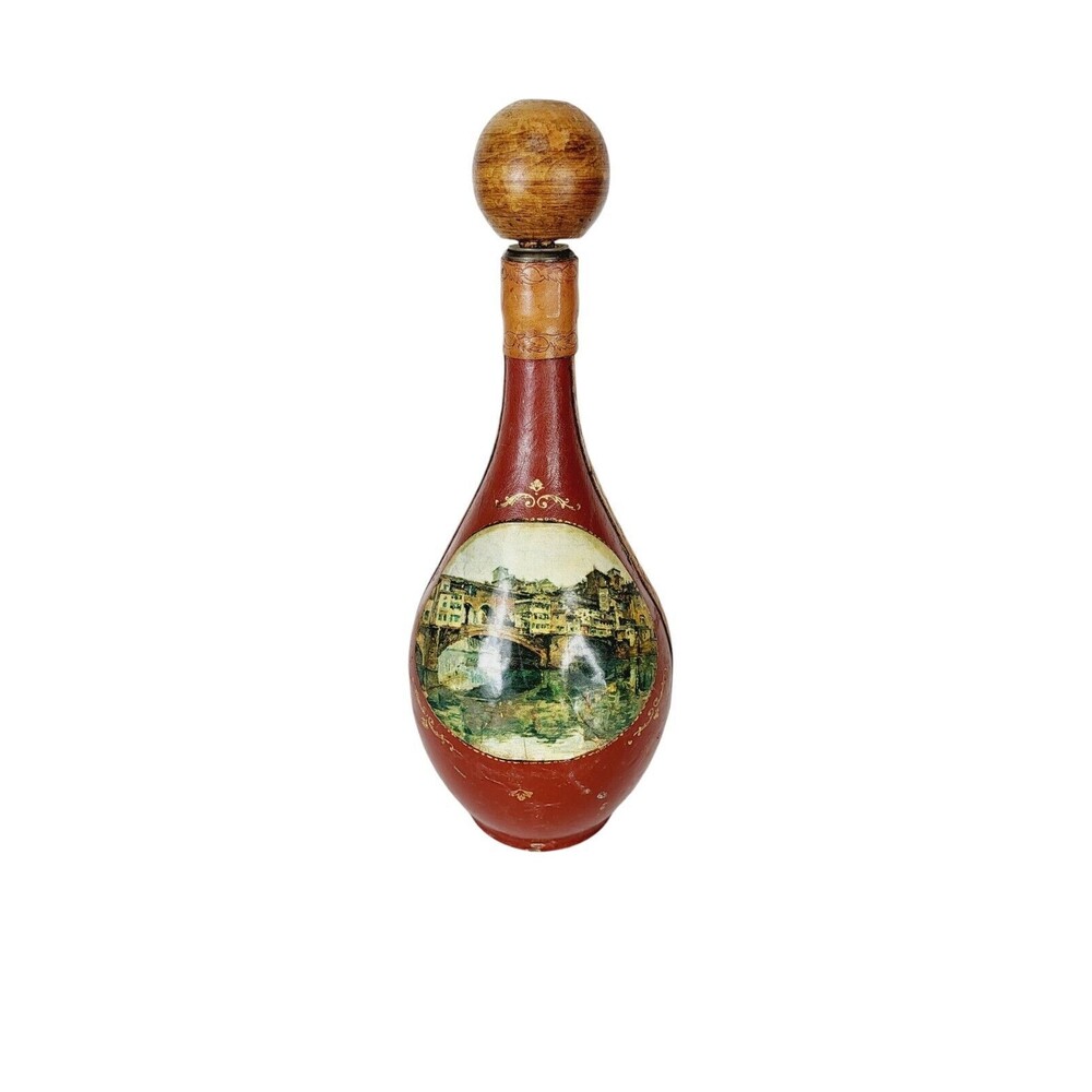 VTG MCM 60s Leather Wrapped Barware Wine Decanter Firenze Ponte Vecchio Italy